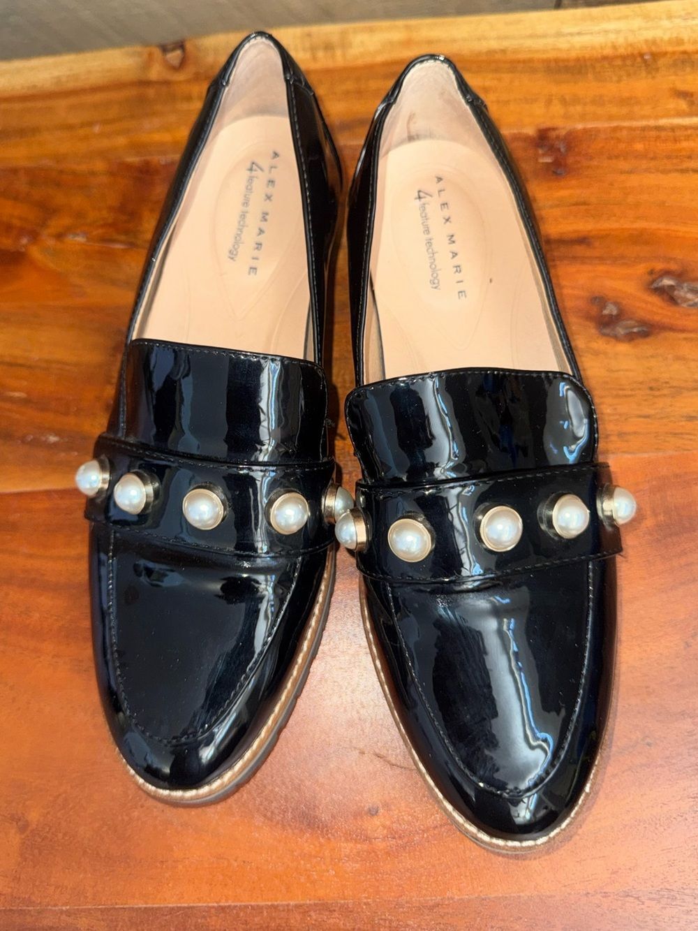 Alex Marie Black Patent Leather Faux Pearl Studded Loafers Slip On Shoes Size 8